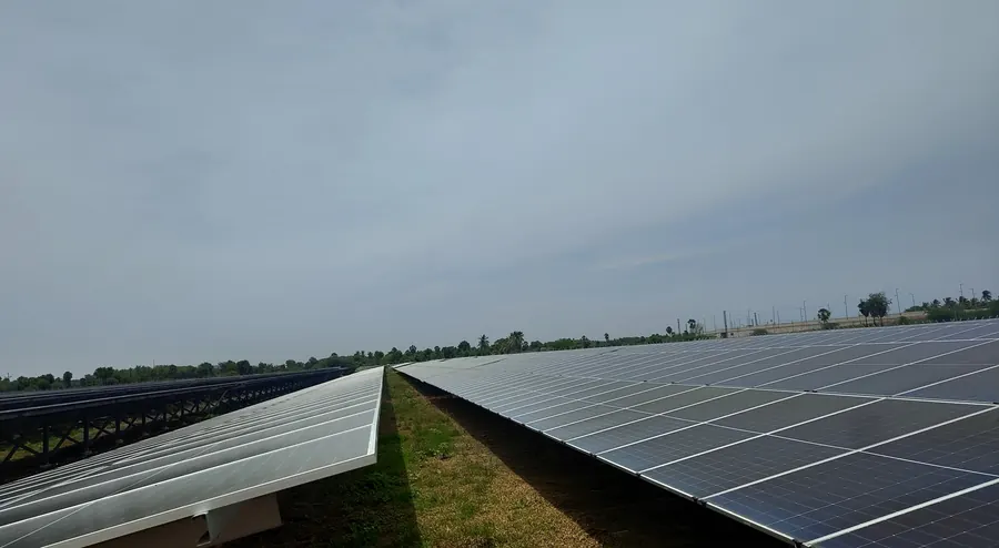 Rows of solar panels at a Dreamfusion solar installation, India